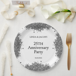 25th Wedding Anniversary Silver Faux Glitter  Paper Plates