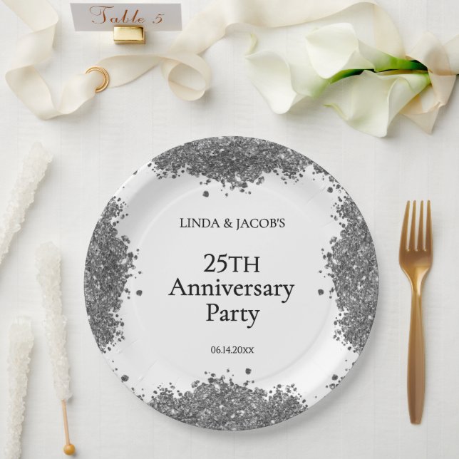 25th Wedding Anniversary Silver Faux Glitter  Paper Plates (Wedding)