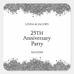 25th Wedding Anniversary Silver Faux Glitter  Square Sticker
