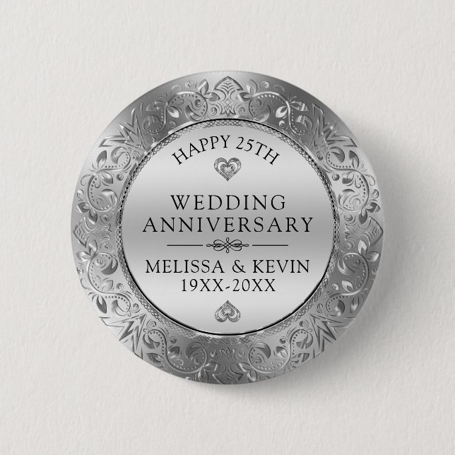 25th wedding anniversary Silver Floral Frame Button (Front)