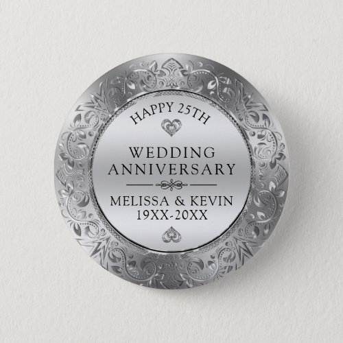 25th wedding anniversary Silver Floral Frame Button