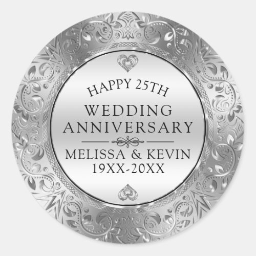 25th wedding anniversary Silver Floral Frame Classic Round Sticker