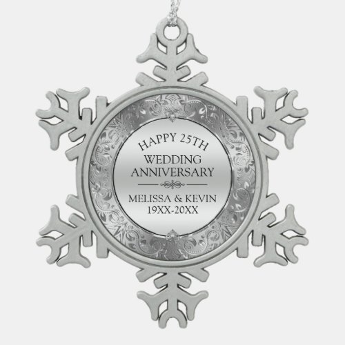 25th wedding anniversary Silver Floral Frame Snowflake Pewter Christmas Ornament