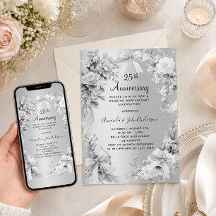 25th wedding anniversary silver florals bows invitation