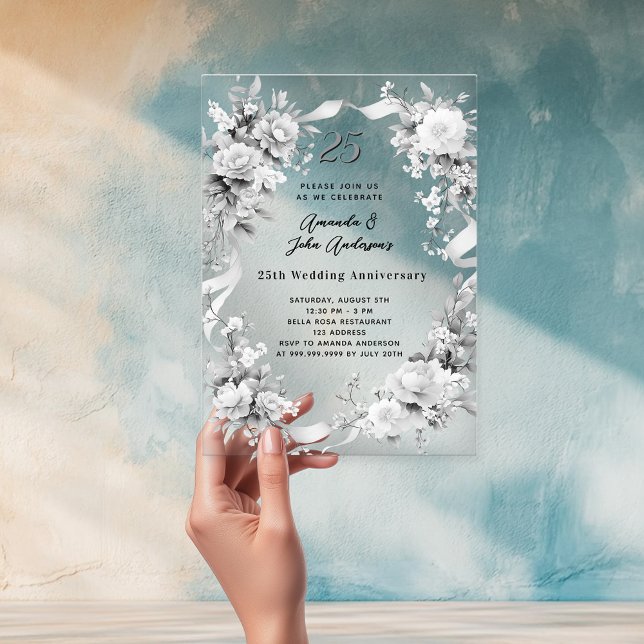 25th wedding anniversary silver florals clear acrylic invitations (Creator Uploaded)