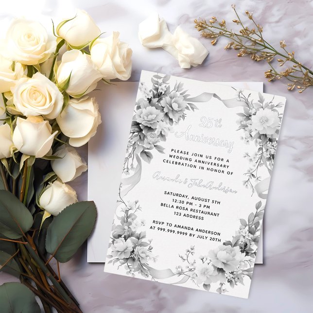 25th wedding anniversary silver florals foil invitation (Creator Uploaded)