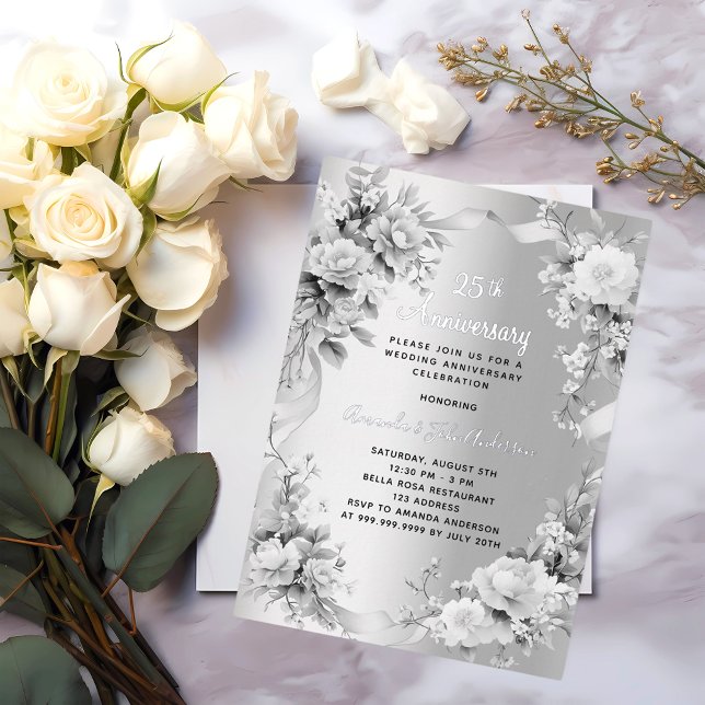 25th wedding anniversary silver florals foil invitation (Creator Uploaded)