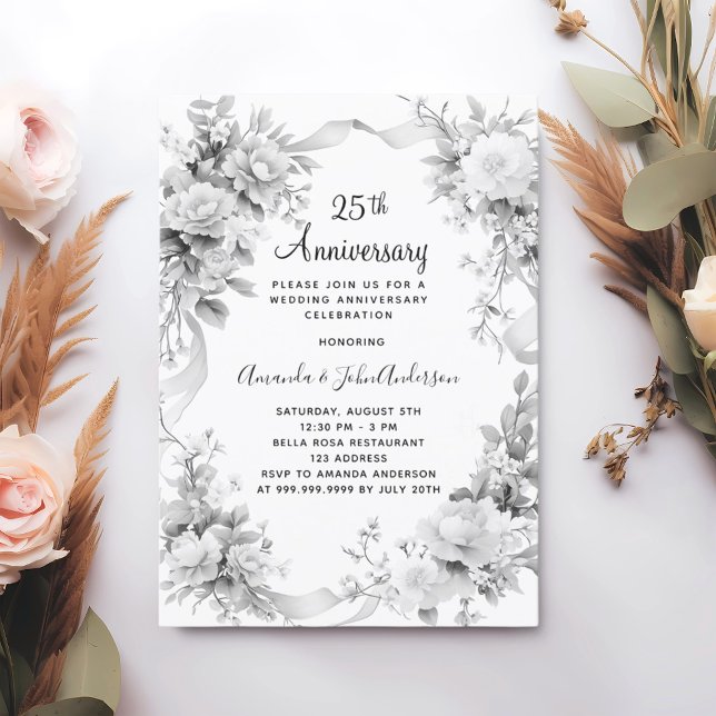 25th wedding anniversary silver florals invitation (Creator Uploaded)