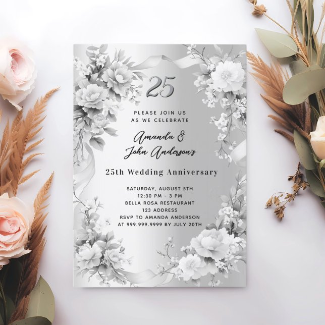 25th wedding anniversary silver florals invitation (Creator Uploaded)