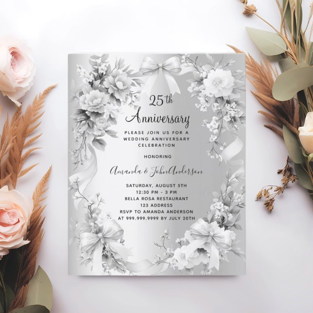 25th wedding anniversary silver florals invitation (Creator Uploaded)