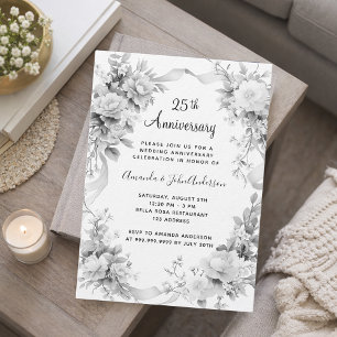 25th wedding anniversary silver florals luxury invitation