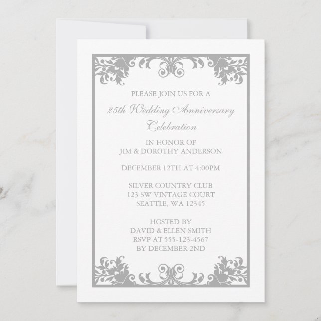 25th Wedding Anniversary Silver Flourish Scroll Invitation (Front)