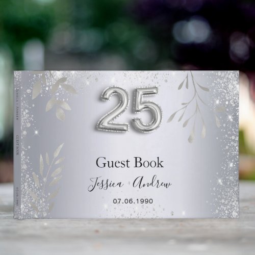 25th wedding anniversary silver foliage guest book