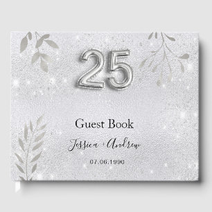 25th wedding anniversary silver foliage guest book