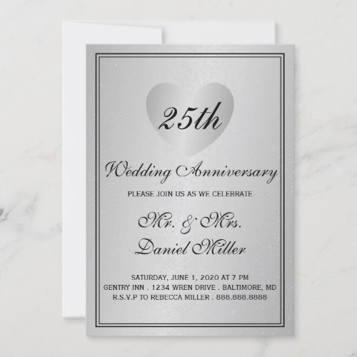 25th Wedding Anniversary Silver Glam Heart Invitation