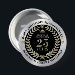 25th wedding anniversary silver glitter and gold button<br><div class="desc">Elegant white glitter and gold 25 years wedding anniversary with metallic silver and black background.
Customizable silver wedding template.</div>