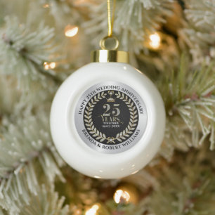 25th wedding anniversary silver glitter and gold ceramic ball christmas ornament