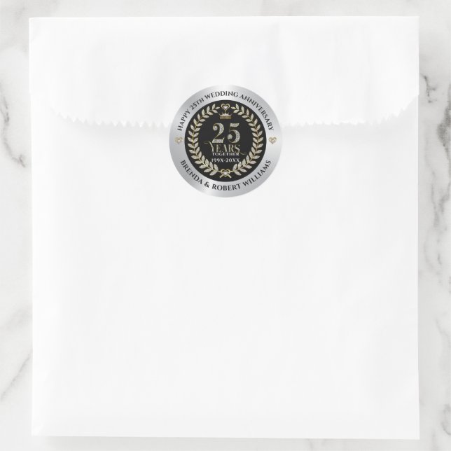 25th wedding anniversary silver glitter and gold classic round sticker (Bag)