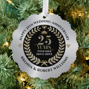25th wedding anniversary silver glitter and gold ornament card