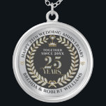 25th wedding anniversary silver glitter and gold plated necklace<br><div class="desc">Elegant white glitter and gold 25 years wedding anniversary with metallic silver and black background.
Customizable silver wedding template.</div>