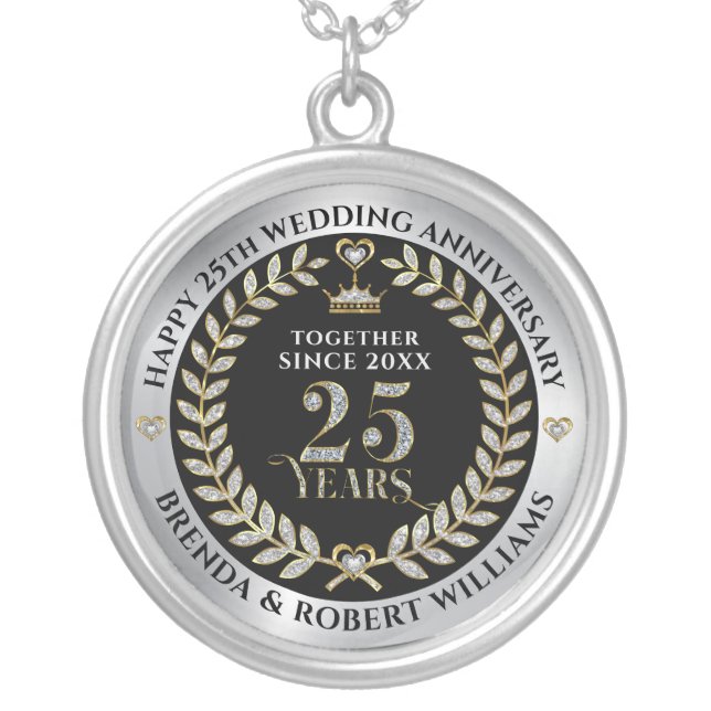25th wedding anniversary silver glitter and gold plated necklace (Front)