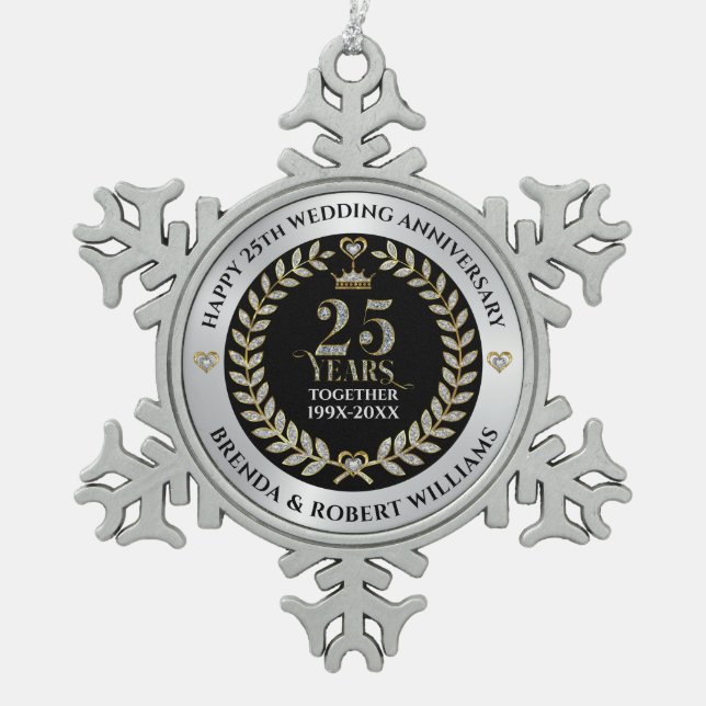 25th wedding anniversary silver glitter and gold snowflake pewter christmas ornament (Front)