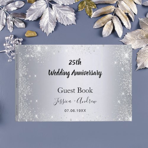 25th wedding anniversary silver glitter dust guest book