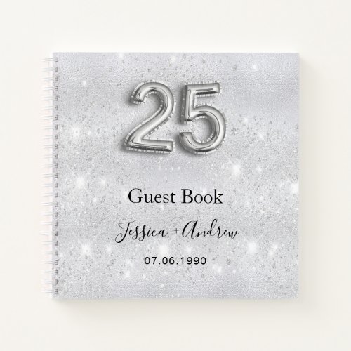 25th wedding anniversary silver glitter guest book