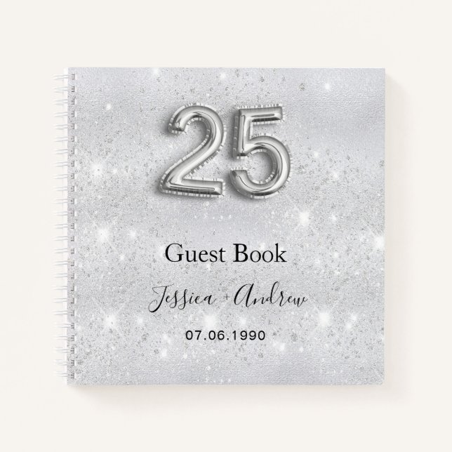 25th wedding anniversary silver glitter guest book (Front)