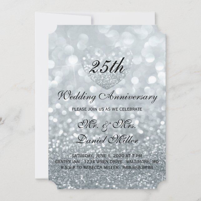 25th Wedding Anniversary Silver Glitter Heart Invitation (Front)