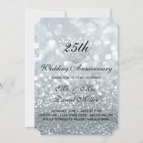 25th Wedding Anniversary Silver Glitter Heart Invitation
