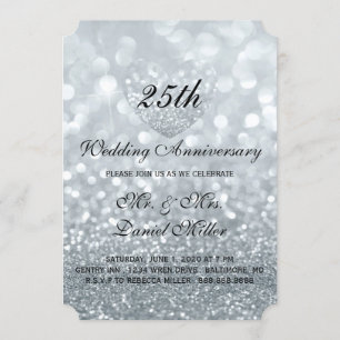 25th Wedding Anniversary Silver Glitter Heart Invitation