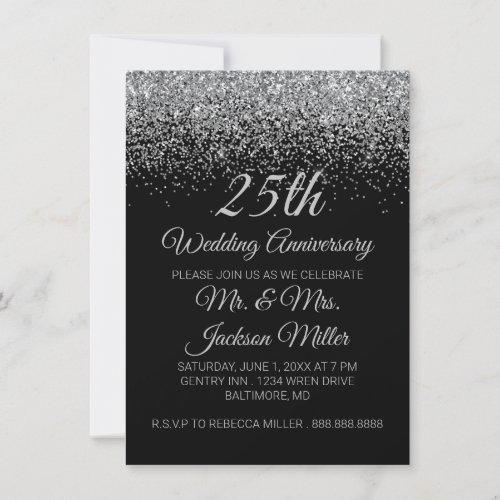 25th Wedding Anniversary Silver Glitter Invitation