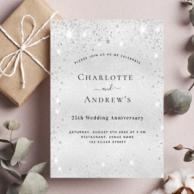 25th wedding anniversary silver glitter party invitation (Creator Uploaded)