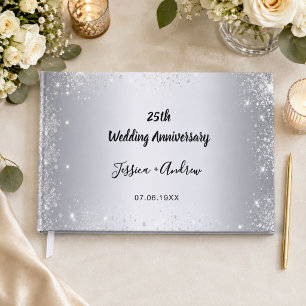 25th wedding anniversary silver glitter photo guest book
