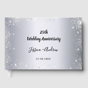 25th wedding anniversary silver glitter photo guest book