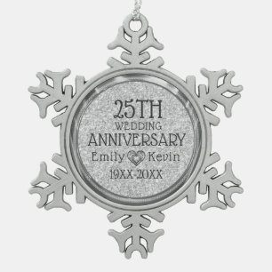 25th Wedding Anniversary Silver Gray Glitter Snowflake Pewter Christmas Ornament