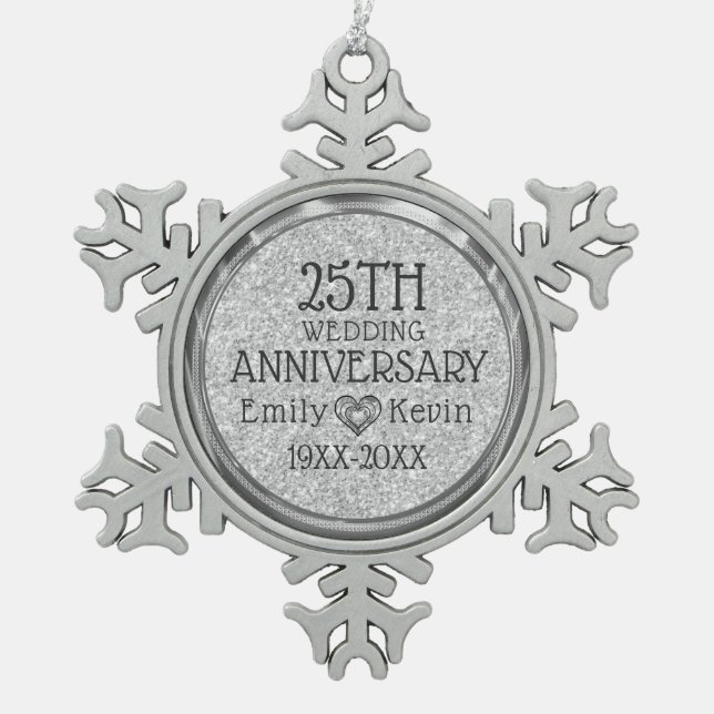 25th Wedding Anniversary Silver Gray Glitter Snowflake Pewter Christmas Ornament (Front)