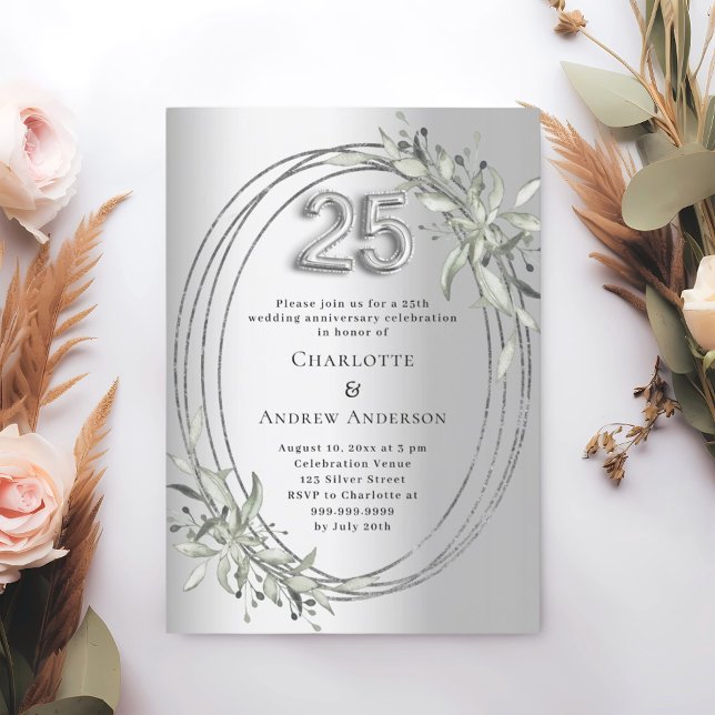 25th wedding anniversary silver greenery invitation (Creator Uploaded)
