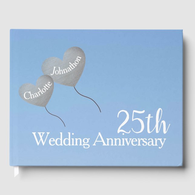 25th Wedding Anniversary silver heart balloon Guest Book (Front)