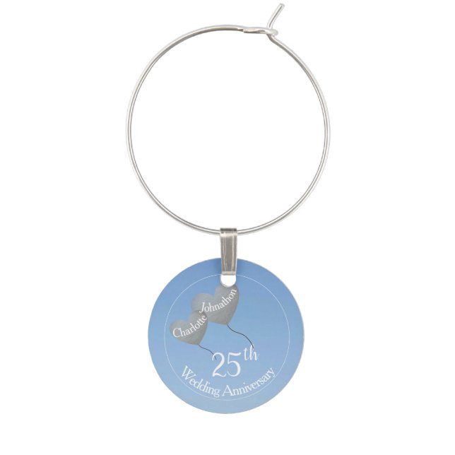 25th Wedding Anniversary silver heart balloon Wine Charm (Front)