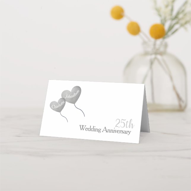 25th wedding anniversary silver heart balloons place card (Front)