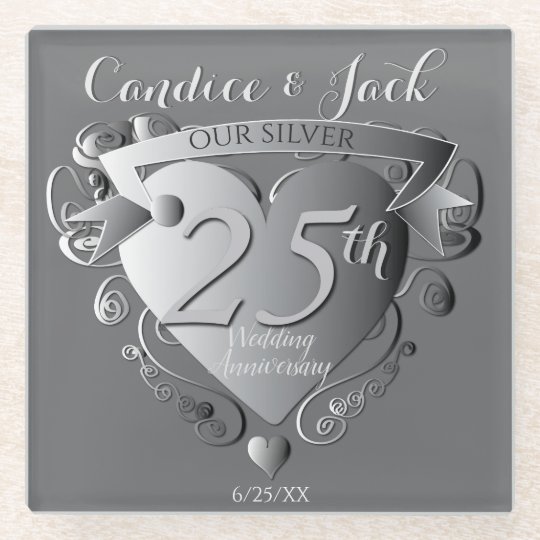 25th Wedding Anniversary Silver Heart Emblem Glass Coaster | Zazzle.com