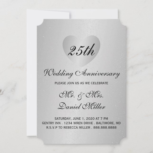 25th Wedding Anniversary Silver Heart Invitation (Front)