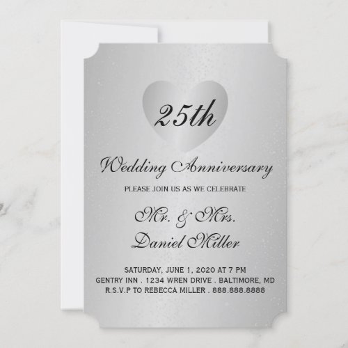 25th Wedding Anniversary Silver Heart Invitation