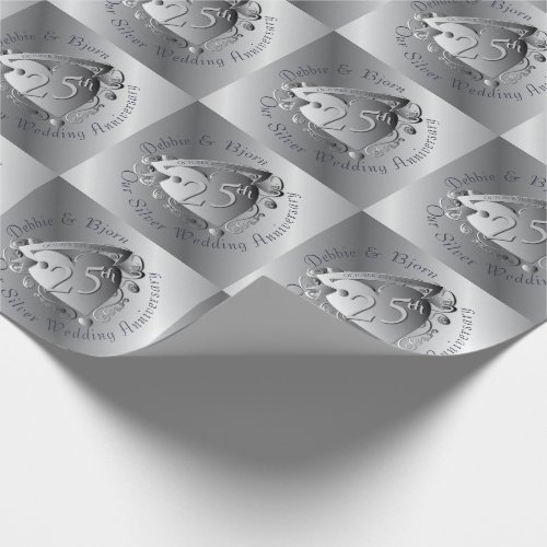 25th Wedding Anniversary Silver Heart Medallion Wrapping Paper
