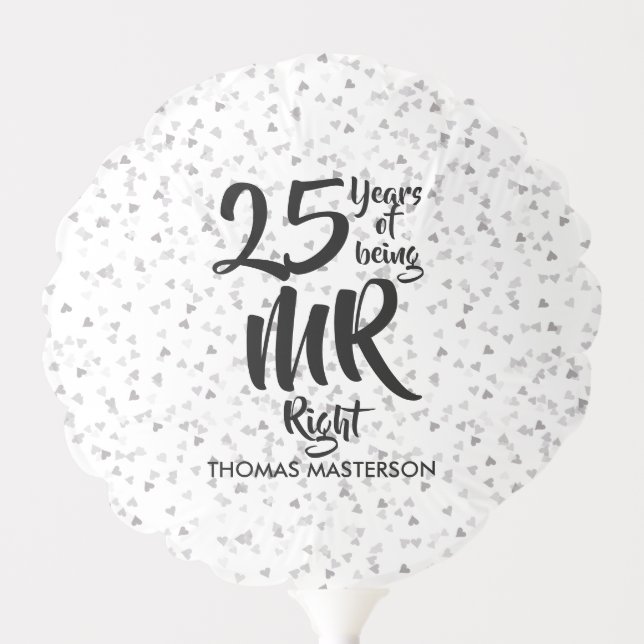 25th Wedding Anniversary Silver Hearts Confetti Balloon (Front)