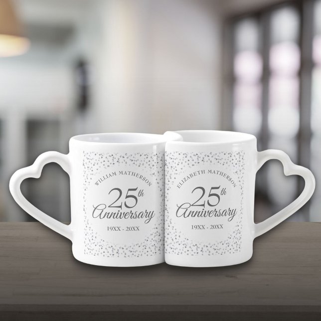 25th Wedding Anniversary Silver Hearts Confetti Coffee Mug Set (25th Wedding Anniversary Silver Hearts Confetti Coffee Mug Set)