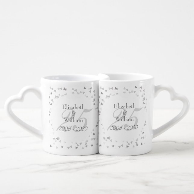 25th Wedding Anniversary Silver Hearts Confetti Coffee Mug Set (Front Nesting)