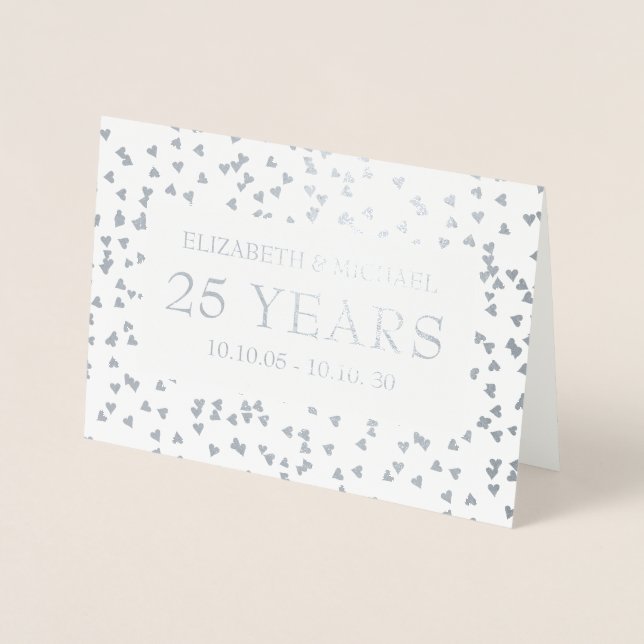 25th Wedding Anniversary Silver Hearts Confetti  Foil Card (Front)